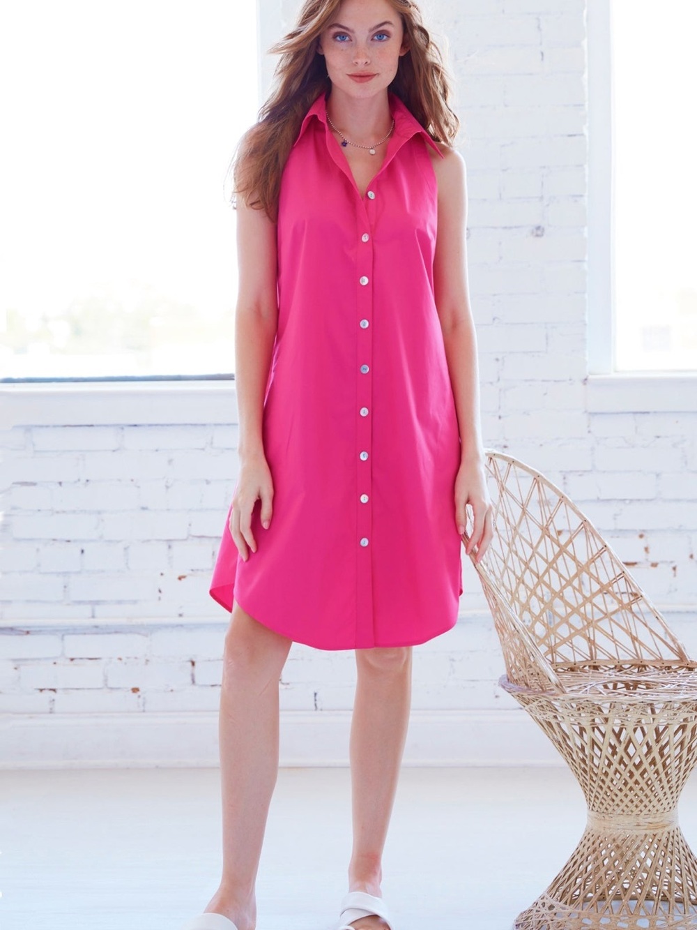 Finley Swing Dress Sleeveless fuschia poplin shirt dress with an A-line shape